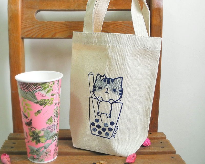 帆布大饮料袋 小歪歪系列－珍珠奶茶 手工绢印 饮料提袋 - 随行杯提袋/水壶袋 - 棉．麻 白色