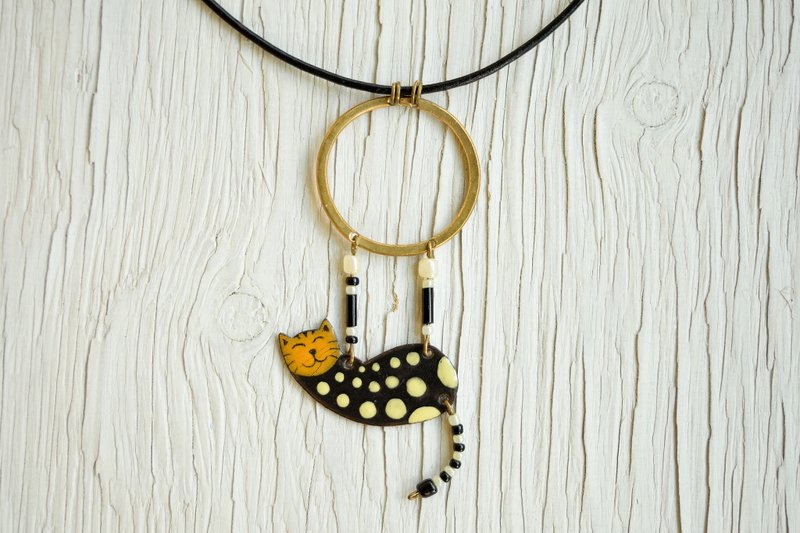 Spotty Cat, Enamel Necklace, Spotted Cat, Bengal Cat, Circus, Aerialist, - 项链 - 珐琅 黑色