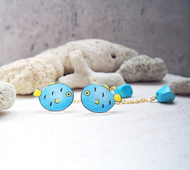 蓝色小鱼 垂链松石手工耳环 抗敏耳针 无痛耳夹 - 耳环/耳夹 - 树脂 蓝色