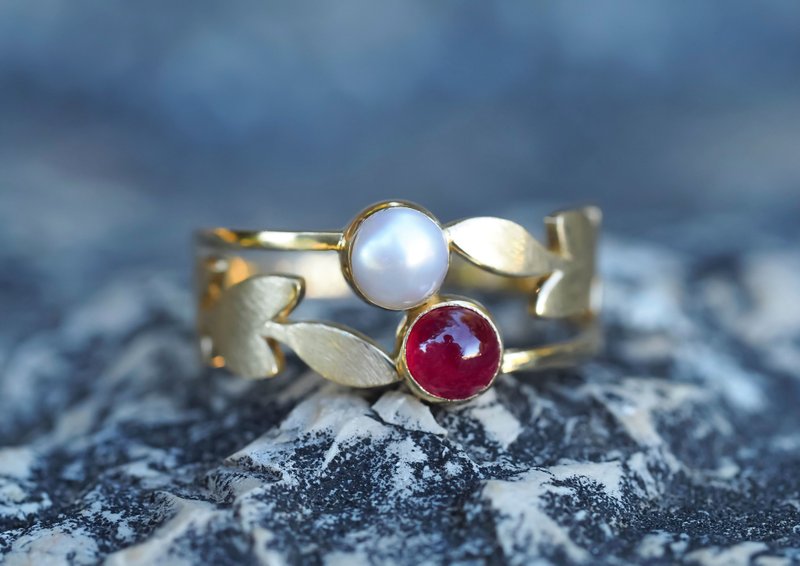 14k gold ring with ruby and pearl - 戒指 - 贵金属 金色