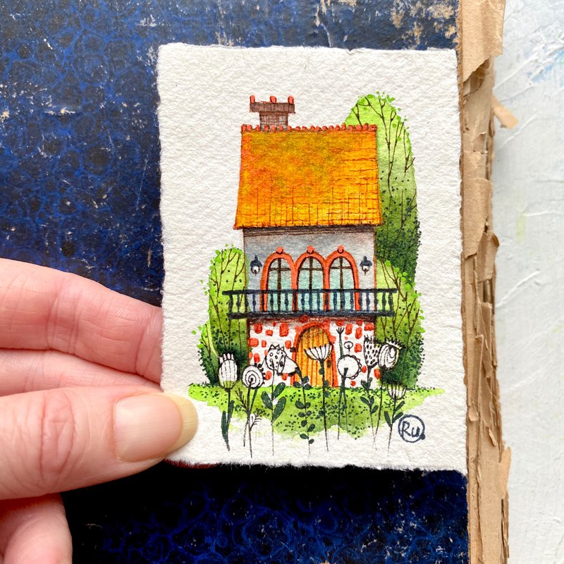 Mini art House Original watercolor Handmade paper art ACEO card - 海报/装饰画/版画 - 纸 多色