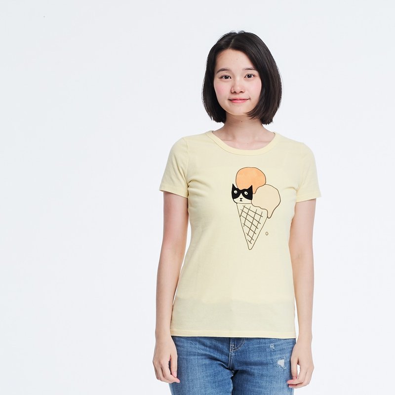貓躲冰淇淋 短袖 蜜桃棉 女T 鵝黃 - 女装 T 恤 - 棉．麻 黄色