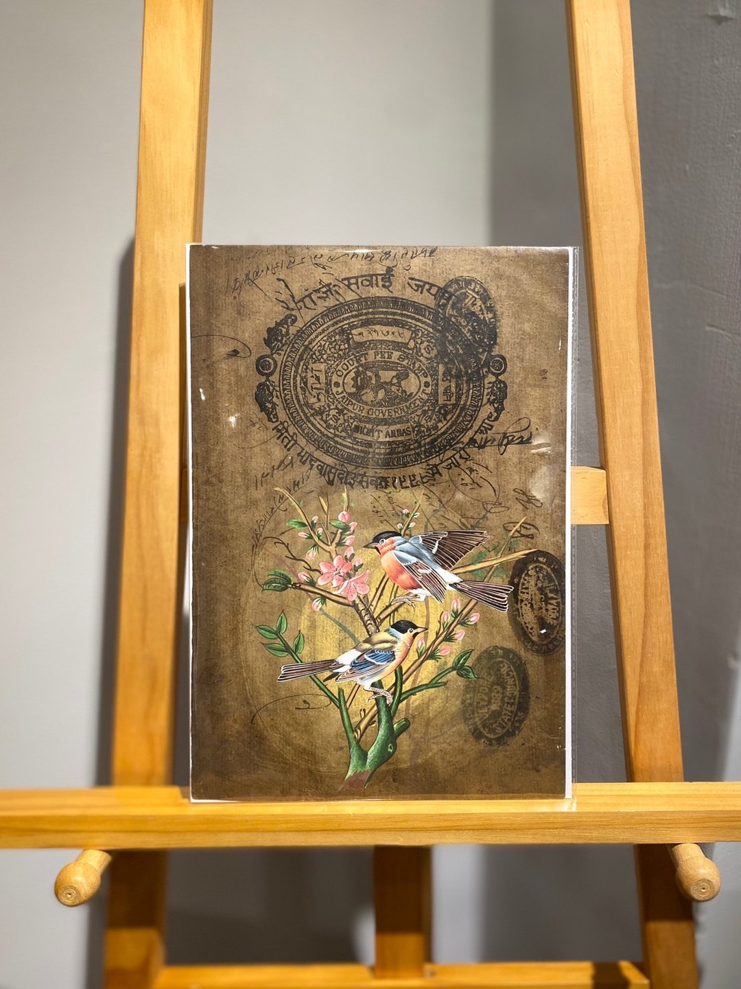 Vintage印度旧印花税票纸细密画- 枝头上的知更鸟 - 古董antique - 海报/装饰画/版画 - 纸 咖啡色