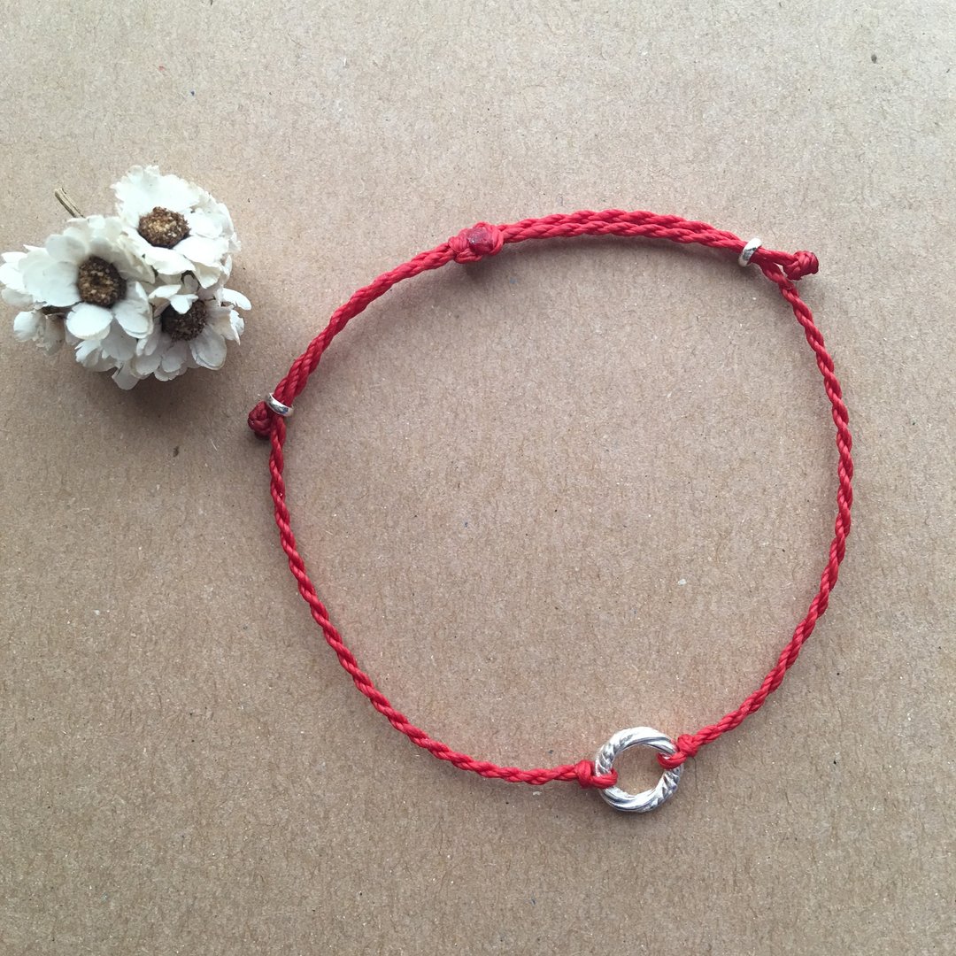 ~米+熊~圆圈/巴西蜡线/纯银/编织手链/925 silver bracelet/脚链 - 手链/手环 - 其他金属 红色