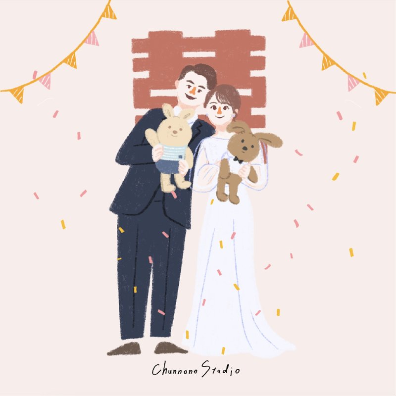 氛围感插画喜饼卡 7x7cm | 双面设计 定制婚礼小卡/囍卡/邀请卡 - 喜帖 - 纸 多色