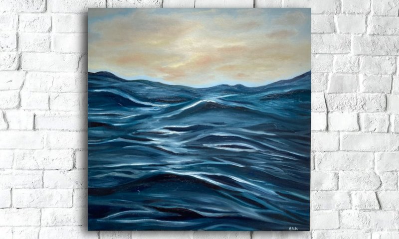 Minimalistic Ocean Painting, Oil Painting, Original Waves Art, Seascape Wall Art - 海报/装饰画/版画 - 其他材质 蓝色