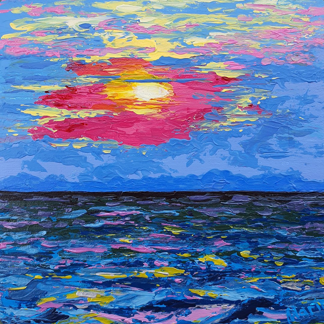 Sunset Painting Nautical Seascape Original Acrylic Wall Art Tropical Beach Sun - 海报/装饰画/版画 - 其他材质 蓝色