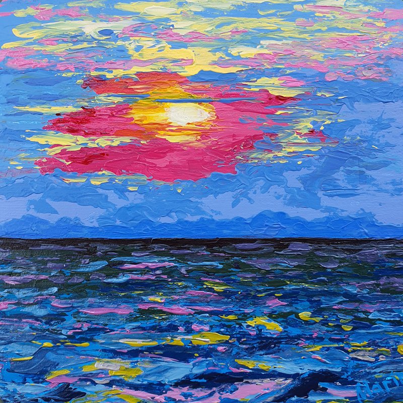 Sunset Painting Nautical Seascape Original Acrylic Wall Art Tropical Beach Sun - 海报/装饰画/版画 - 其他材质 蓝色