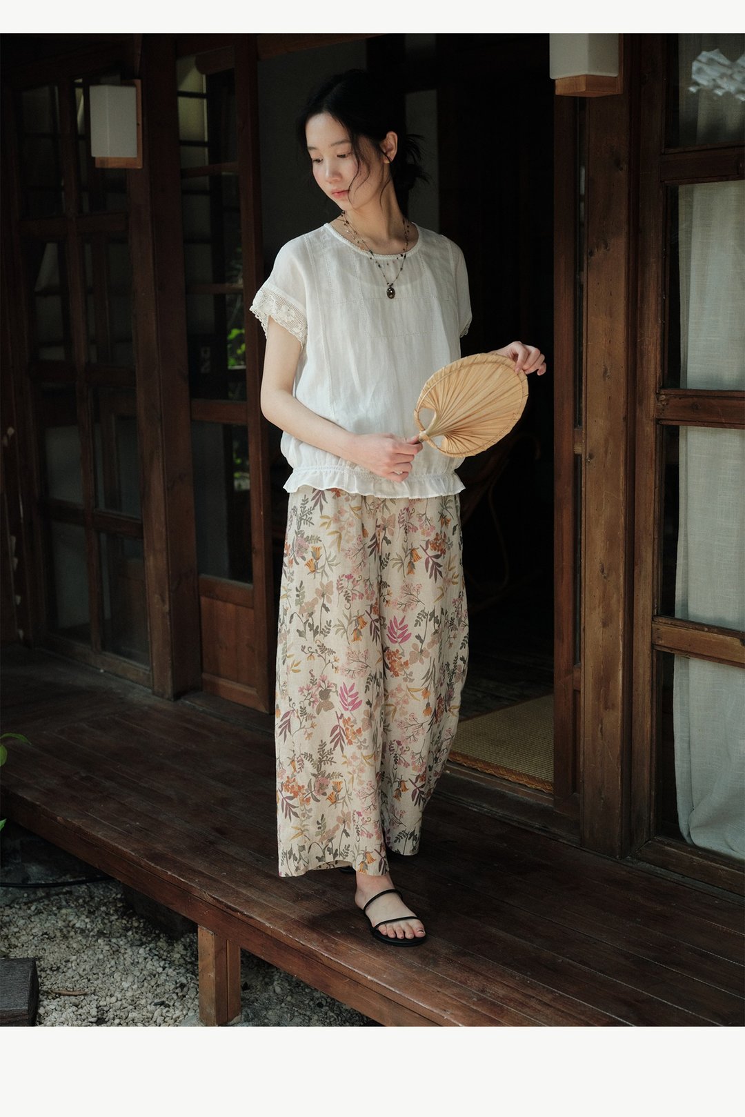 法国雨露麻花卉裤亚麻裤 - 女装长裤 - 棉 多色