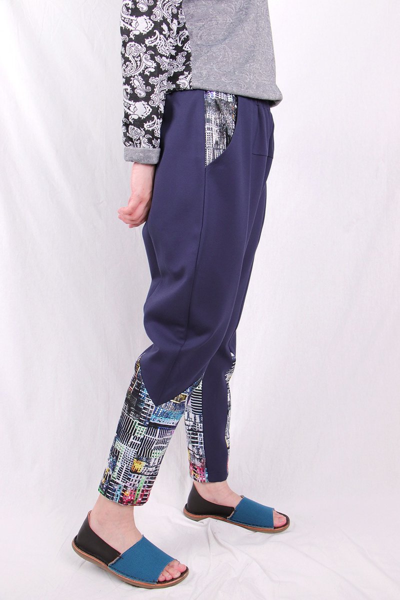 锯齿彩色块拼接长裤 / T2155 - 中性裤装 - 棉．麻 蓝色