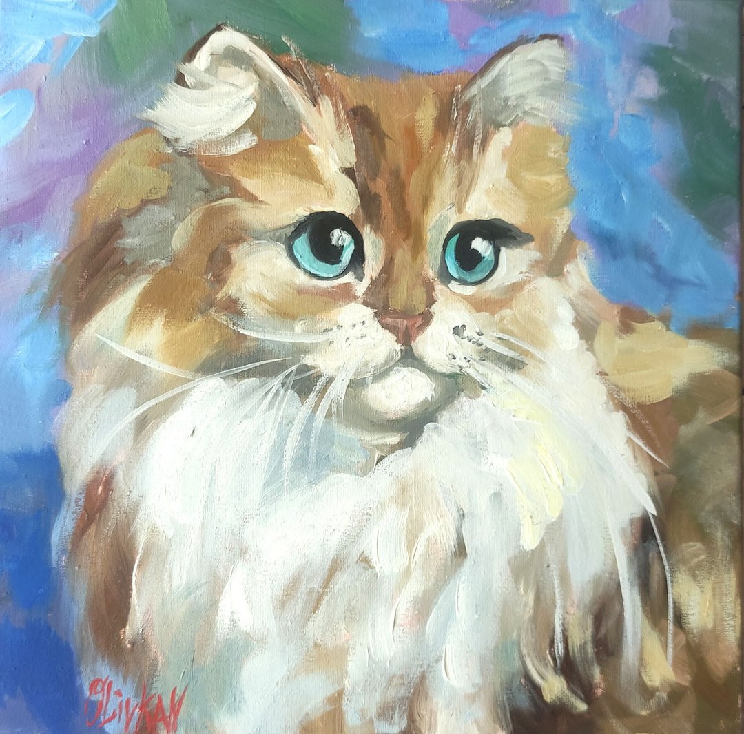 猫咪绘画原创艺术红色小猫咪油画动物艺术品猫咪墙画，作者：OlivKan - 海报/装饰画/版画 - 其他材质 咖啡色