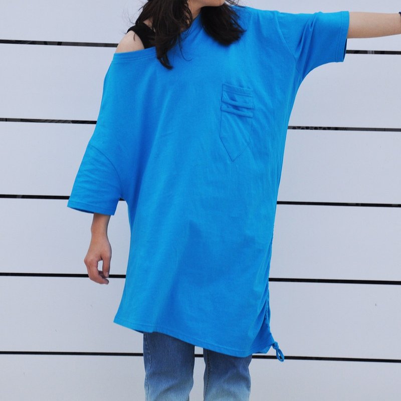 落肩5分蝙蝠袖绑带纯棉宽松长版上衣-宝蓝色 - 女装上衣 - 棉．麻 蓝色