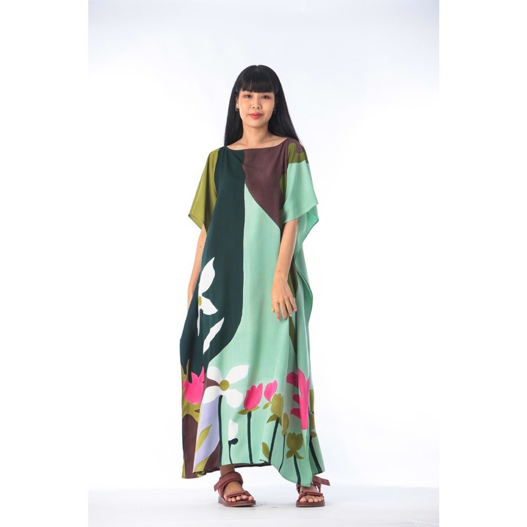 Hand Painted Cotton Silk Kaftan for Summer Resort Vacation F - 洋装/连衣裙 - 棉 绿色
