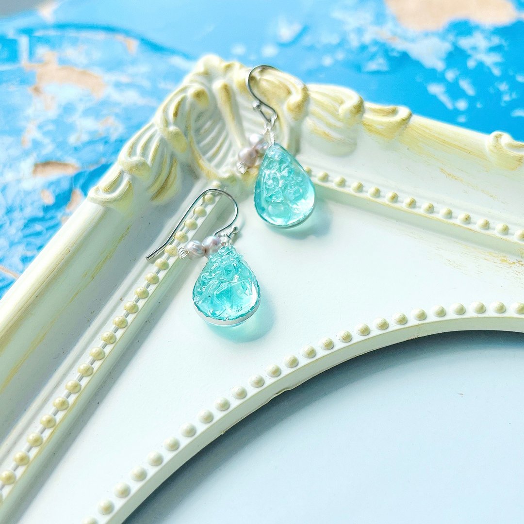 Natural stone apatite and freshwater pearl drop pierced earring Hypoallergenic Clip-On stainless Stainless Steel 0047 - 耳环/耳夹 - 半宝石 蓝色