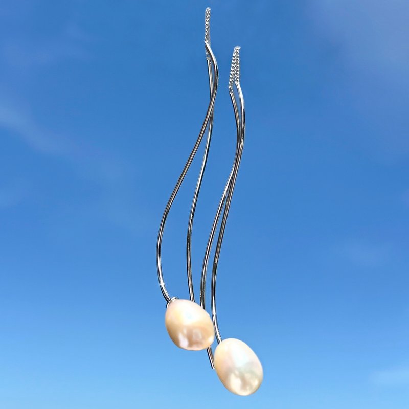 Josette 珍珠垂坠穿线耳环 – 纯银 - 耳环/耳夹 - 纯银 银色