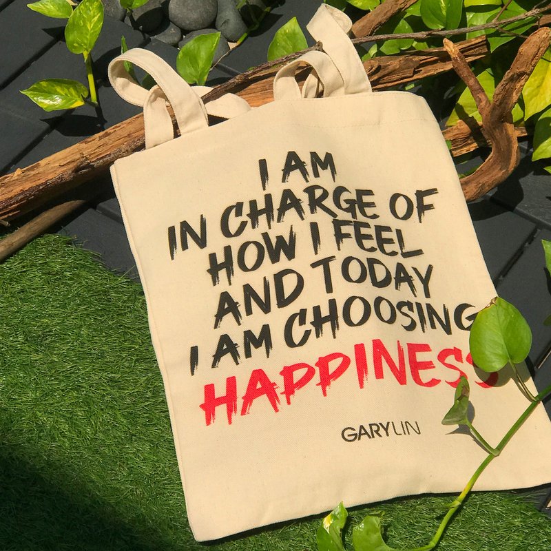 Happiness 无染 斜纹帆布袋 托特包 环保数位印刷 - 手提包/手提袋 - 棉．麻 白色