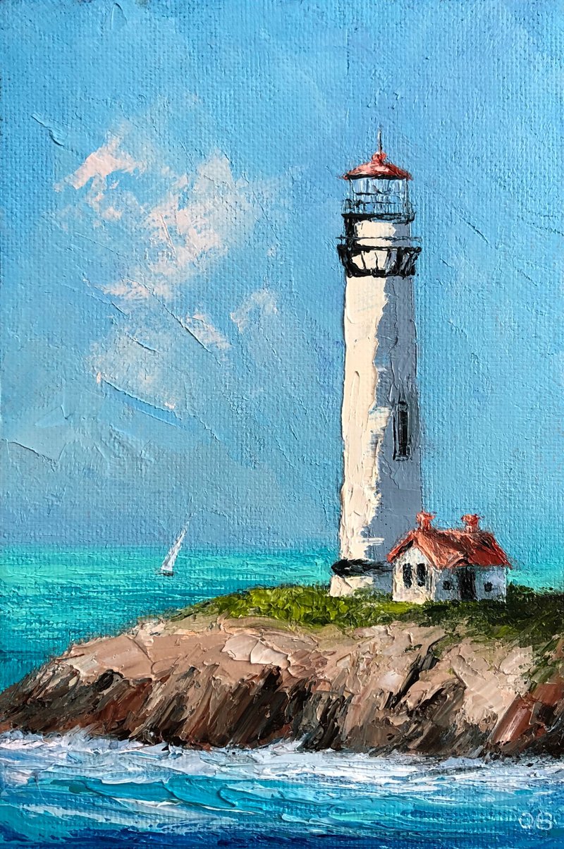 Original Seascape Oil Painting On Canvas Lighthouse Landscape Impasto Artwork - 墙贴/壁贴 - 棉．麻 多色