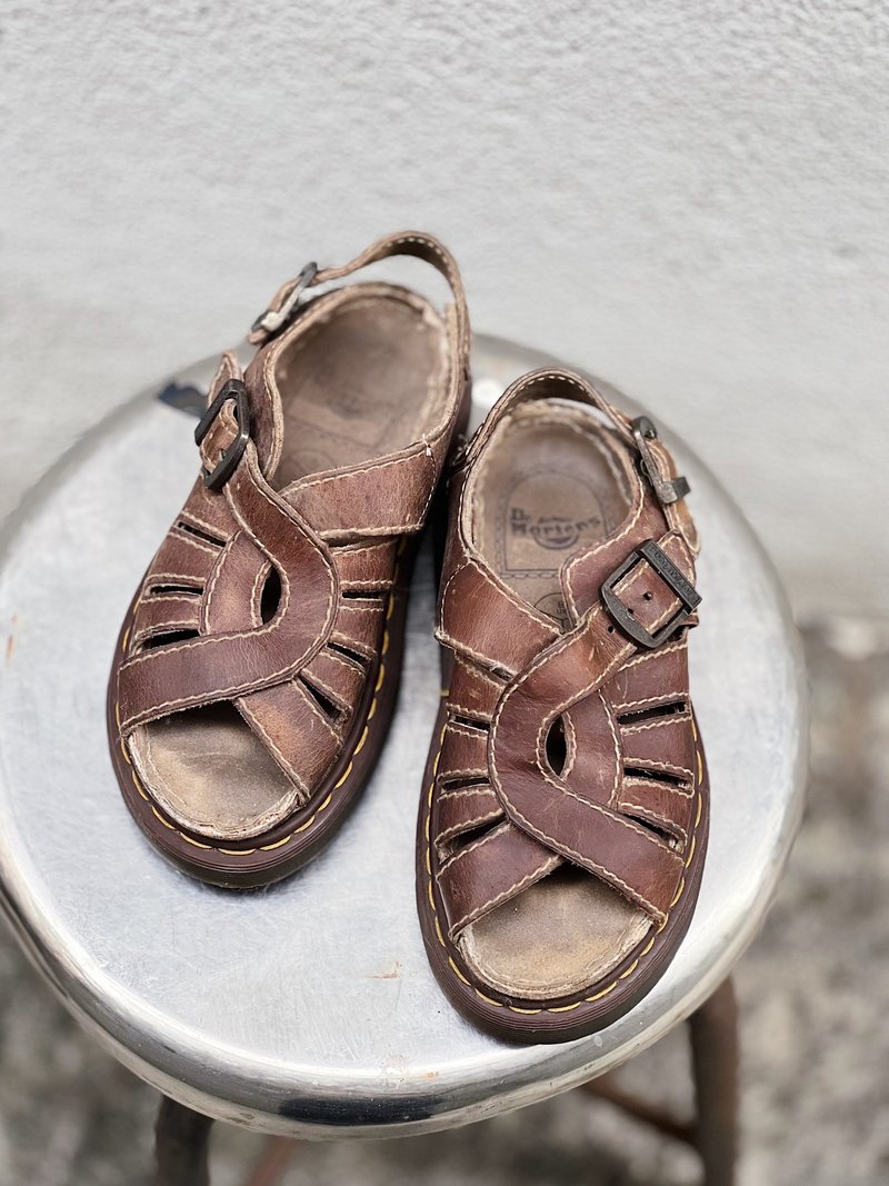 Dr. Martens 咖茶褐色编织麻花 真皮牛皮革 厚底编织凉鞋马丁汀鞋 - 男女凉鞋 - 真皮 咖啡色