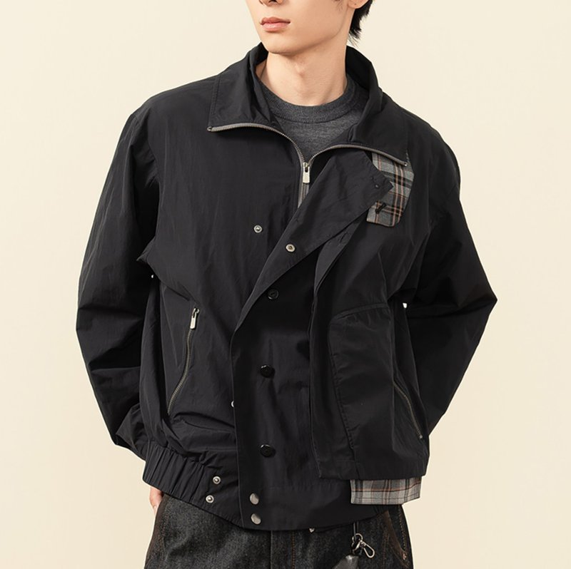 【双层格纹】都市复古立体口袋夹克/金属尼龙拼接翻领外套 - 男装上衣/T 恤 - 其他材质 黑色