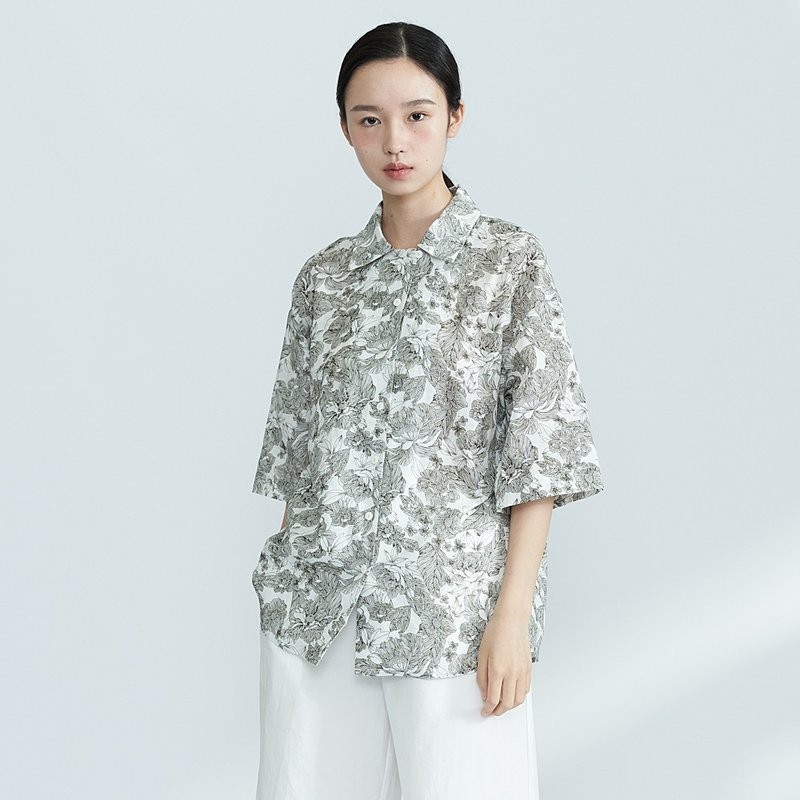 白描印花棉麻古巴領寬版襯衫 東方aloha shirt SH210128 - 女装衬衫 - 棉．麻 白色