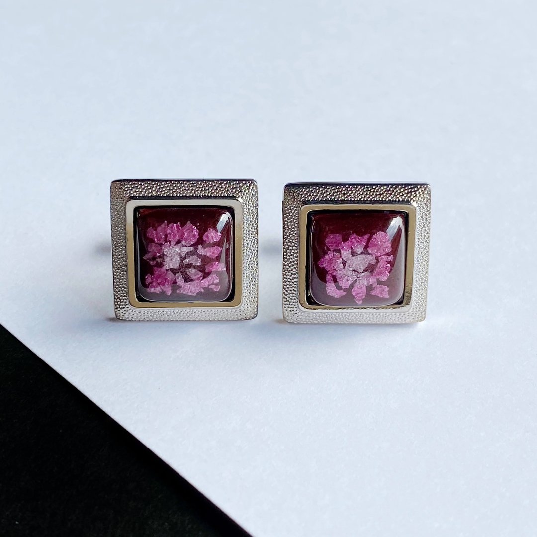 Leaf Chirashi [Ruby Ruby] Cloisonne Cufflinks Cufflinks Pure Silver Leaf Leaf Cloisonne - 袖扣 - 其他材质 红色