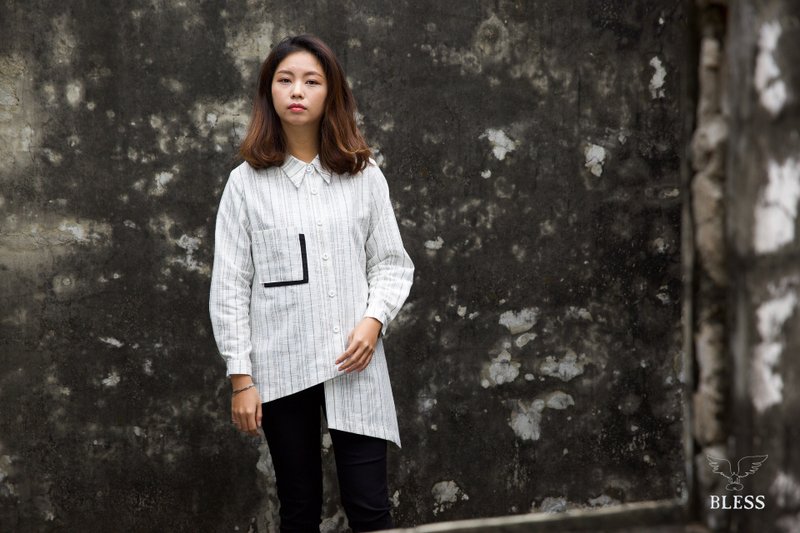 日本进口棉麻布不对称条纹衬衫 - 女装衬衫 - 棉．麻 