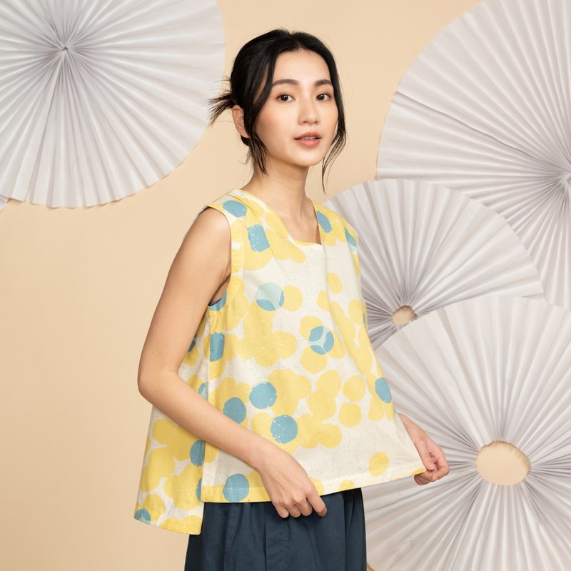 浮游V领无袖上衣_落日汐灯 - 女装背心 - 棉．麻 橘色