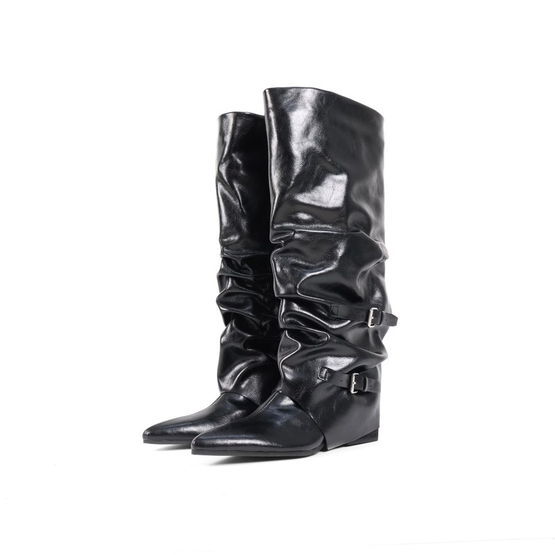 notdetailed原创 折皱尖头靴堆堆靴 中筒靴子女秋冬尖头鞋 - 女款短靴 - 真皮 