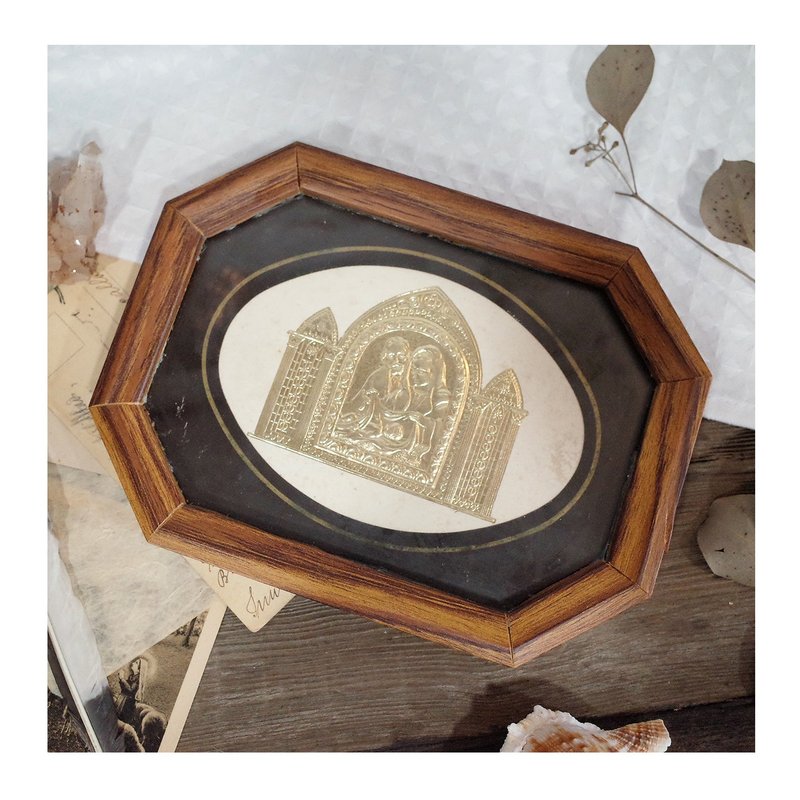 老件.圣母玛利亚.圣若瑟.婴儿耶稣图.八边形贴皮木框.相框.烫金图 - 画框/相框 - 木头 