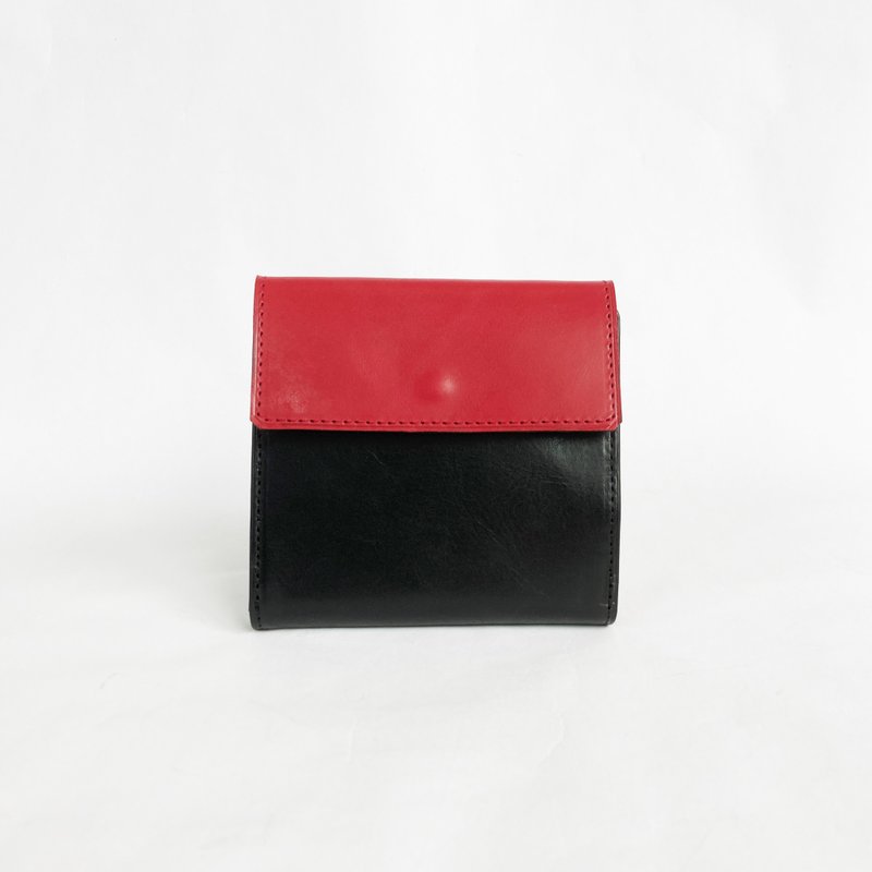 Cramy L-shaped flap wallet British bridle leather Red x Japanese calf leather Black - 皮夹/钱包 - 真皮 黑色