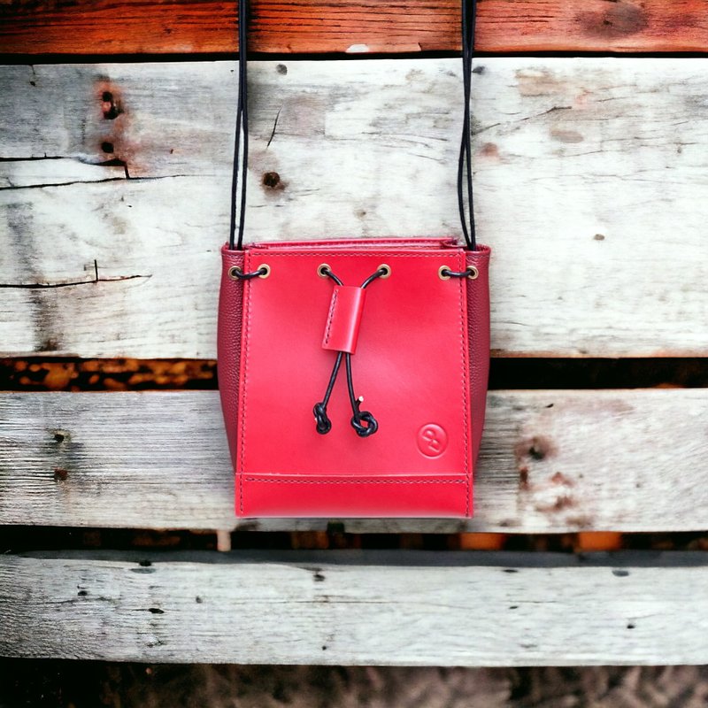 DUAL - 手工牛皮优雅水桶包 (大) - 开喜红 (生日礼物 情人节) - 侧背包/斜挎包 - 真皮 红色