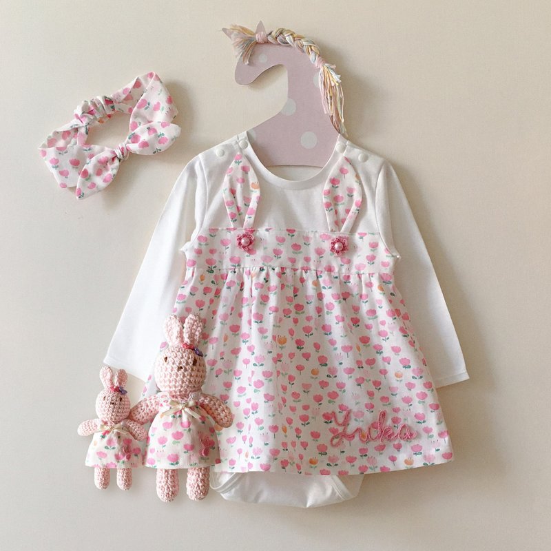 郁金香/二重纱连身洋装(不含兔子)/含发带/可订制名字/婴儿 - 包屁衣/连体衣 - 棉．麻 粉红色