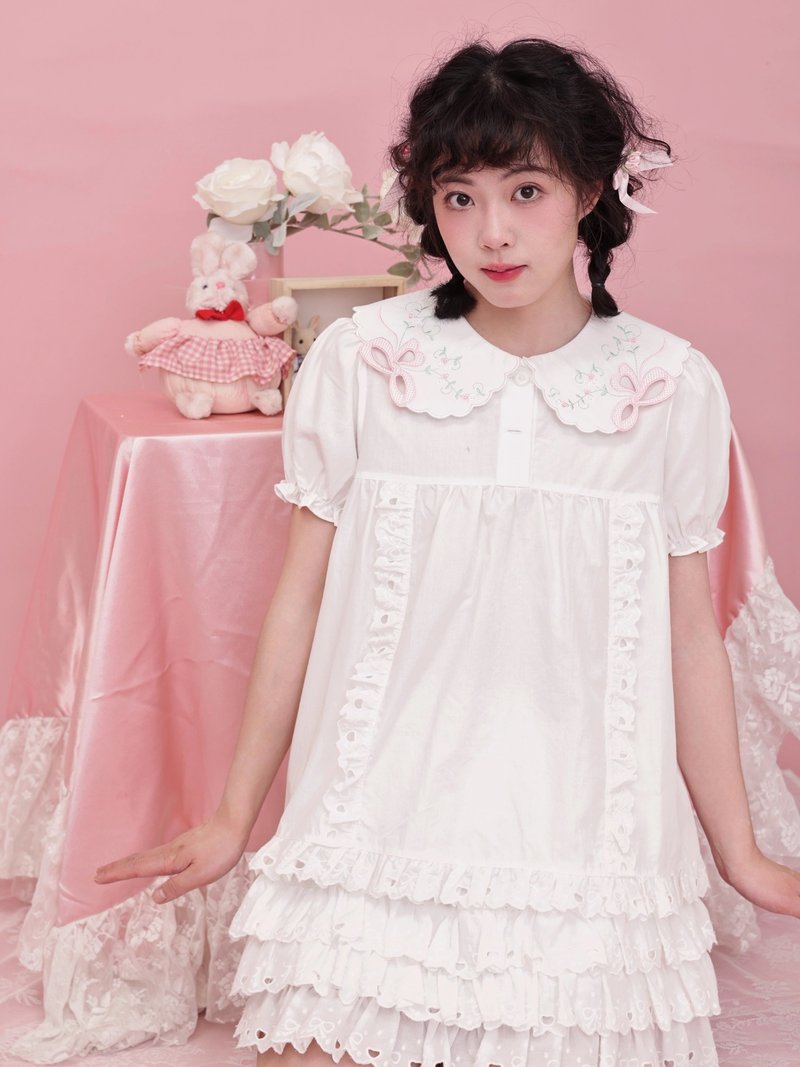复古少女感 蝴蝶镂空娃娃领泡泡袖衬衫 - 女装衬衫 - 其他材质 白色