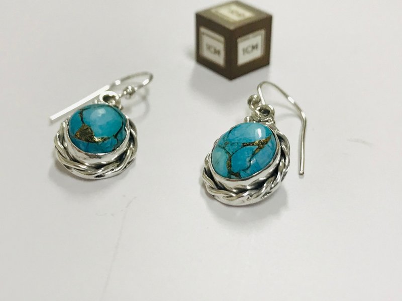 已售美国金曼绿松石耳环 - 耳环/耳夹 - 纯银 蓝色