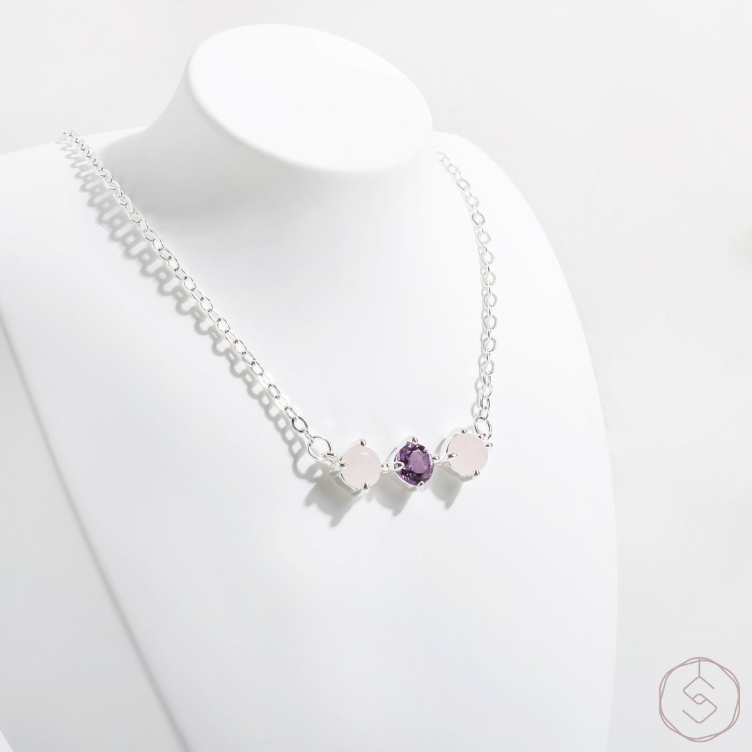 缪思 MUSE | 紫水晶 粉水晶 S925 纯银 | 双色三钻项链 - 项链 - 水晶 紫色
