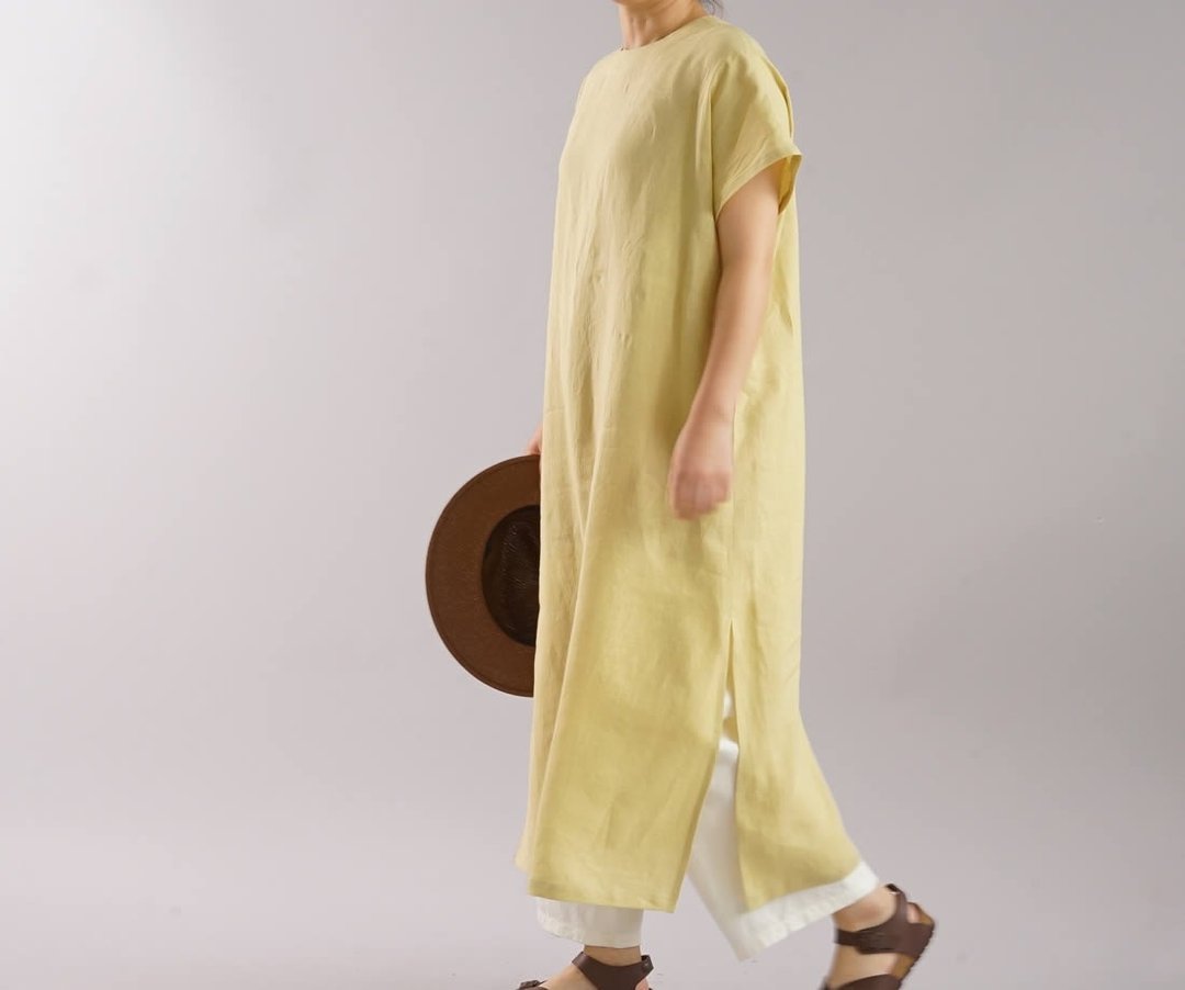 wafu   linen dress / oversize / loose fitting / long lengthe / yellow / a41-60 - 洋装/连衣裙 - 棉 黄色
