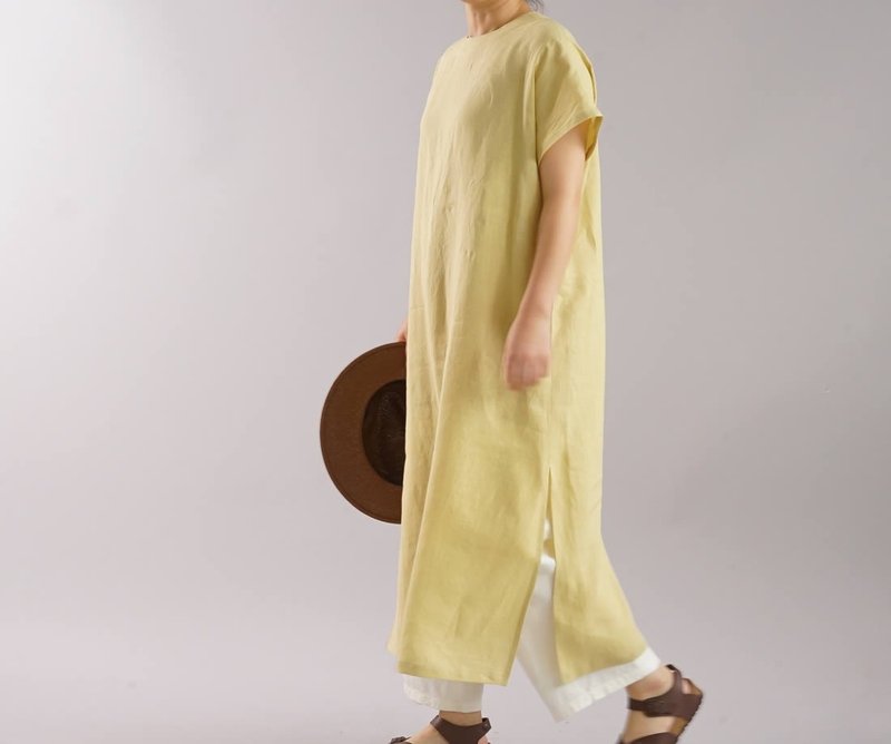 wafu   linen dress / oversize / loose fitting / long lengthe / yellow / a41-60 - 洋装/连衣裙 - 棉．麻 黄色