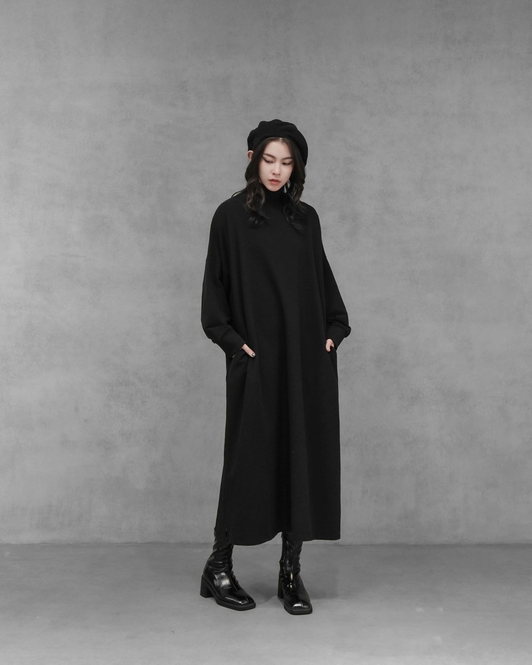 MUKK DESIGN 法国纳米绒棉高领长版T - 裙子 - 聚酯纤维 黑色