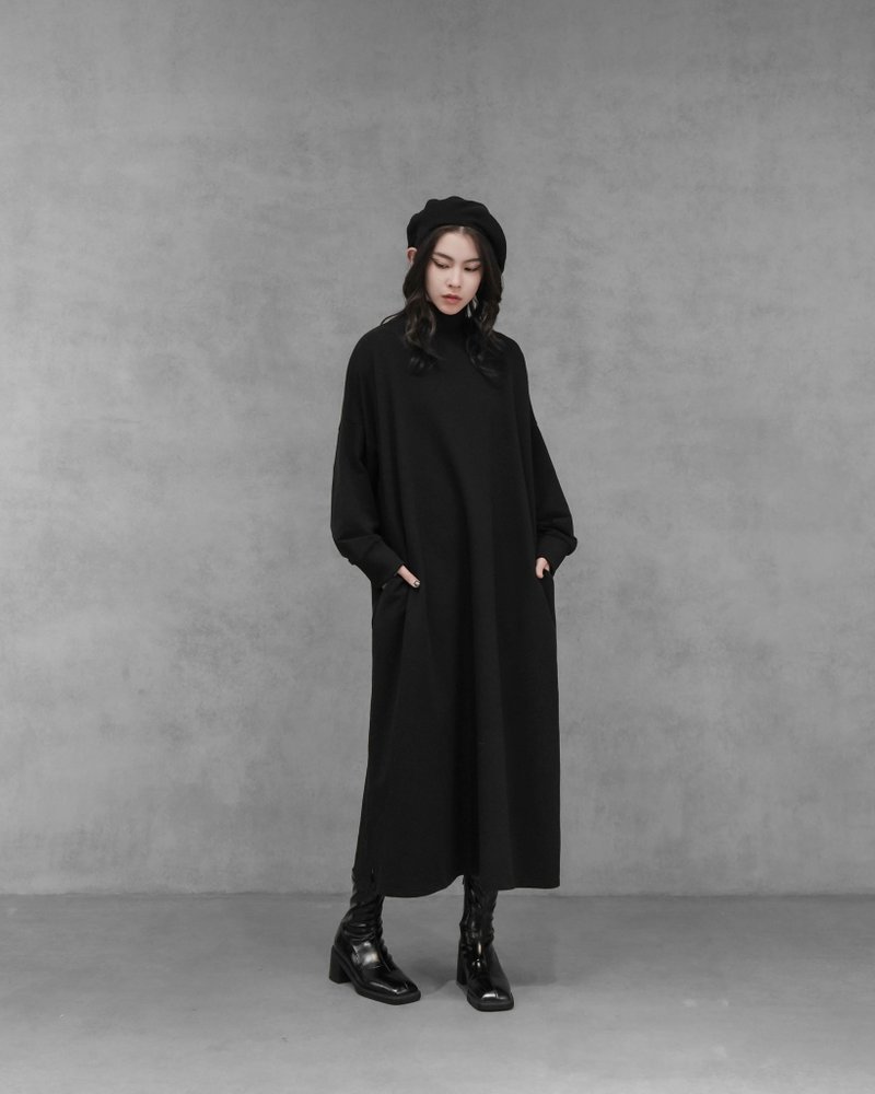 MUKK DESIGN 法国纳米绒棉高领长版T - 裙子 - 聚酯纤维 黑色