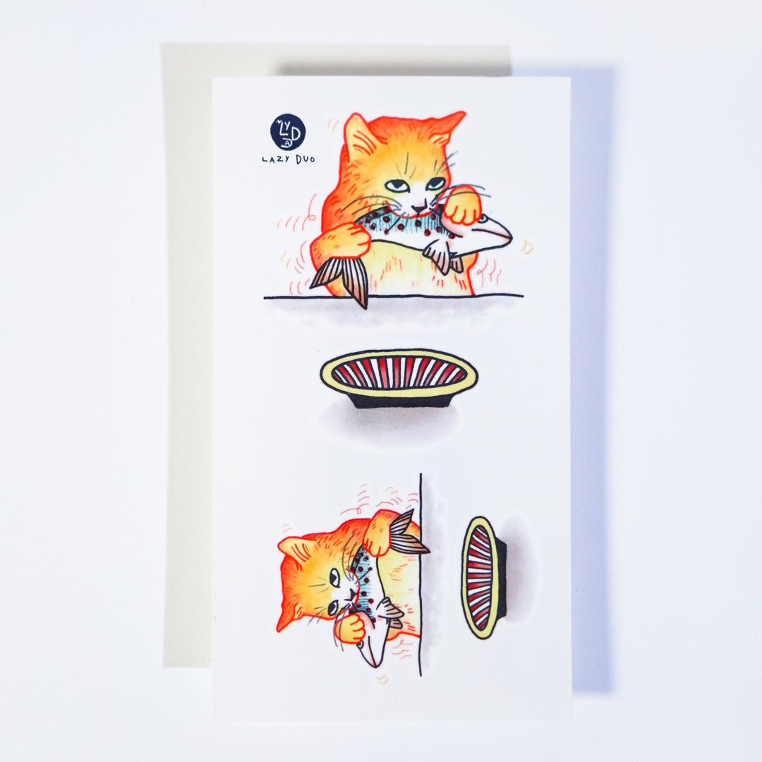贪吃小橘猫 黄猫 三文鱼 日系插画动物纹身贴纸 香港刺青原创手绘 - 纹身贴 - 纸 橘色