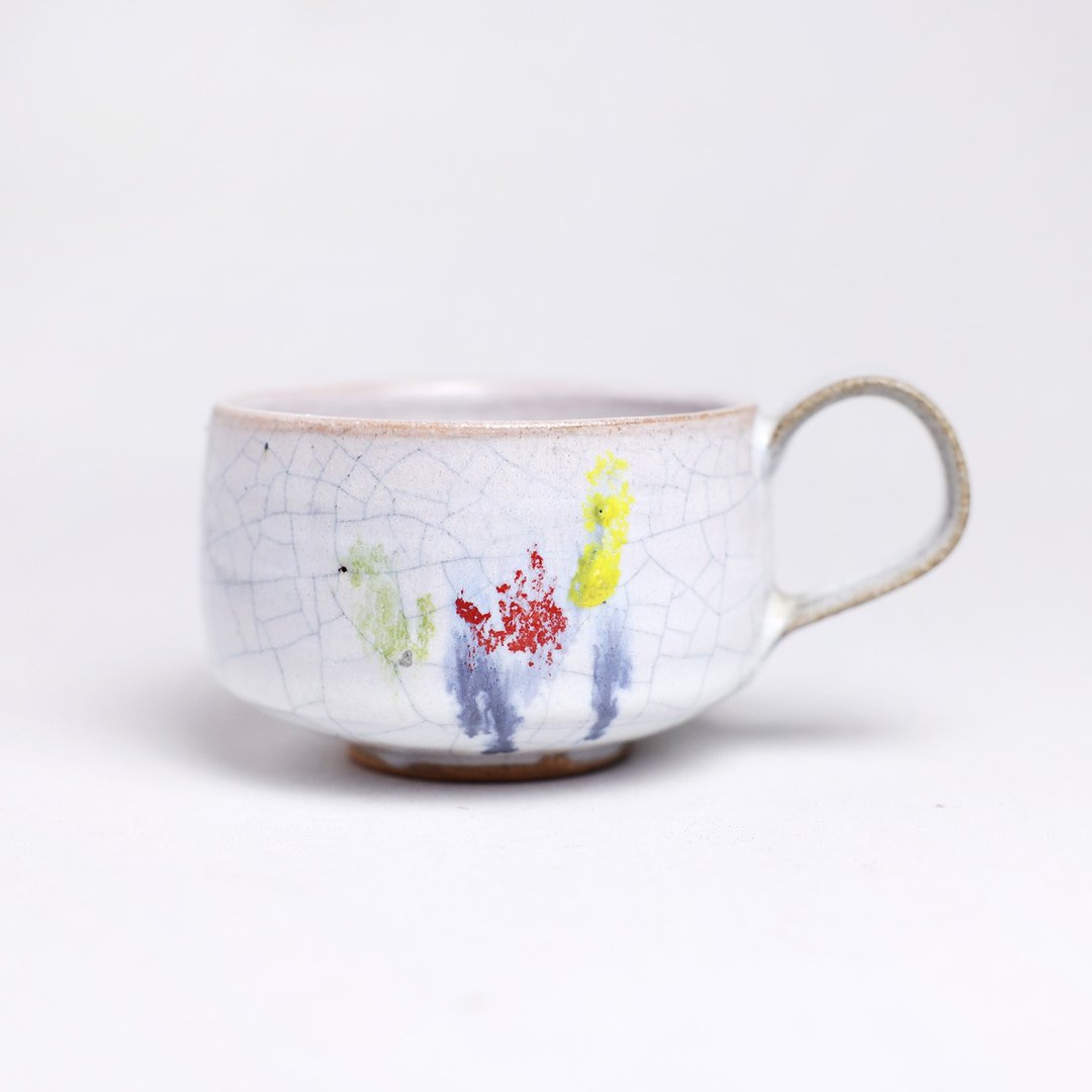 明芽窑 l 手绘三彩志野裂纹把杯 茶杯 陶杯 陶器 咖啡杯 搜藏 H8 - 茶具/茶杯 - 陶 白色