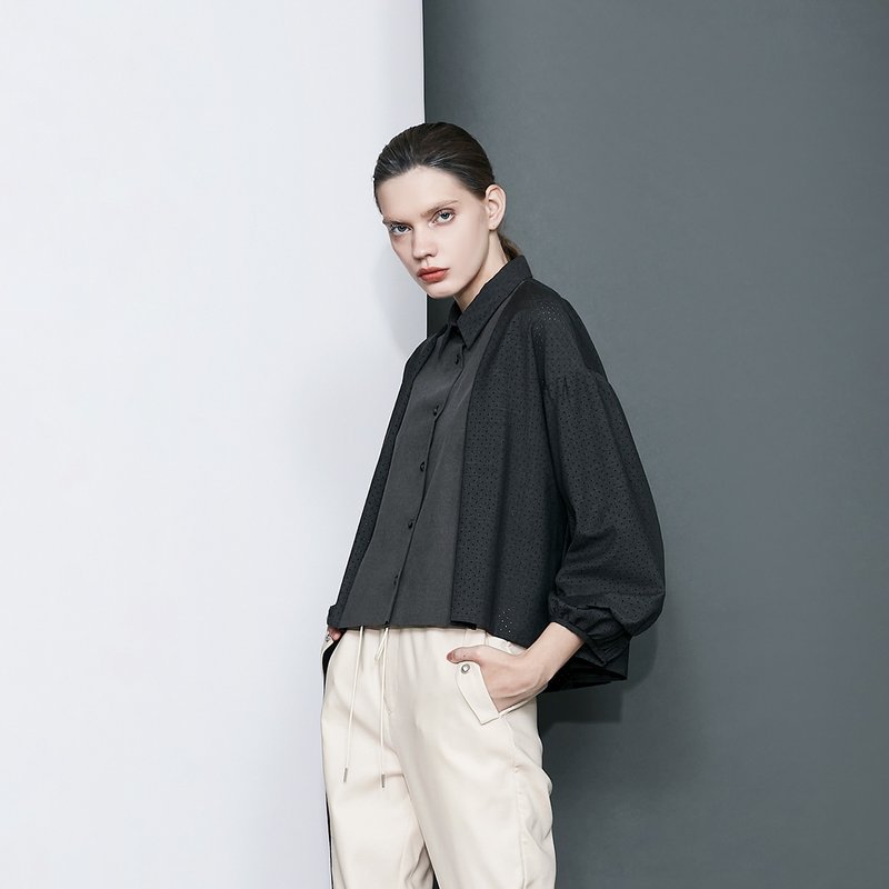 如影麂皮拼接泡泡袖衬衫 - 女装衬衫 - 羊毛 灰色