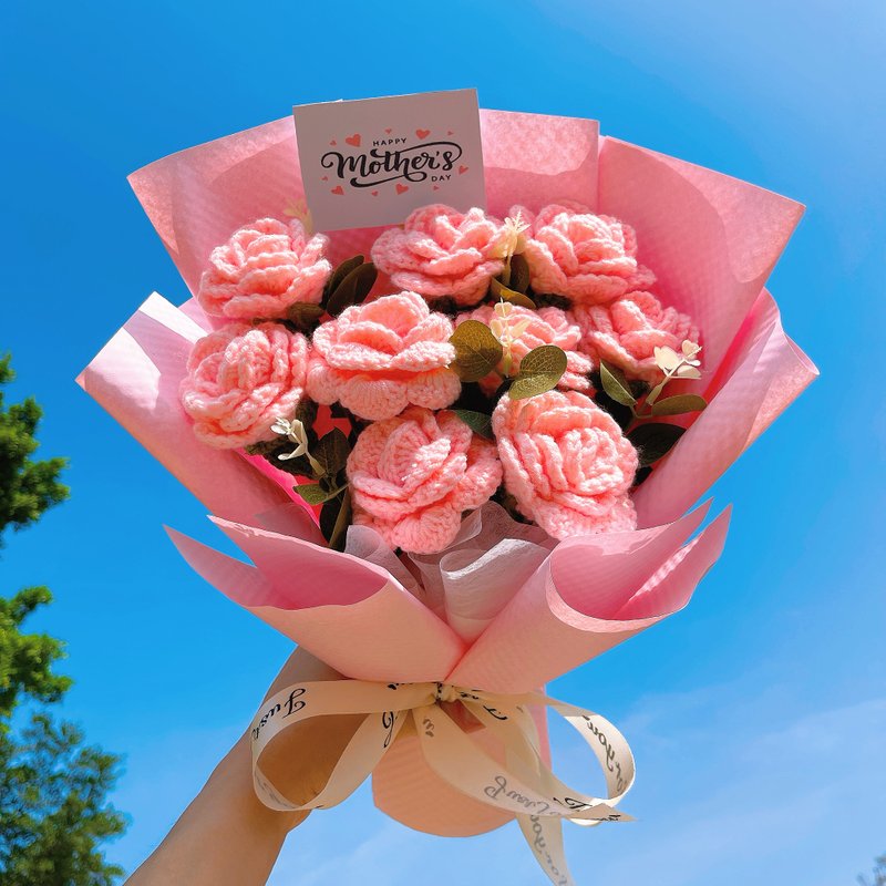 母亲节限定  9 朵手作粉玫瑰花束 - 干燥花/捧花 - 棉．麻 