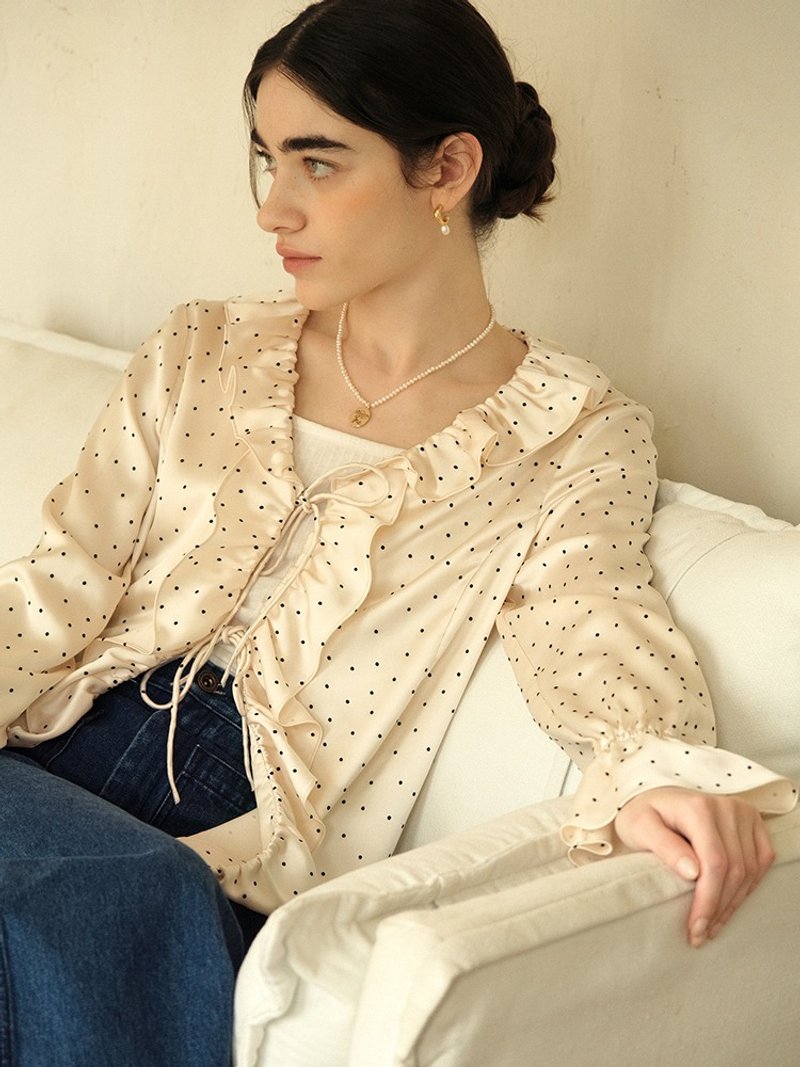 MintCheese 法式立体黑白波点 浪漫花边领丝绸感罩衫上衣 - 女装衬衫 - 其他材质 金色