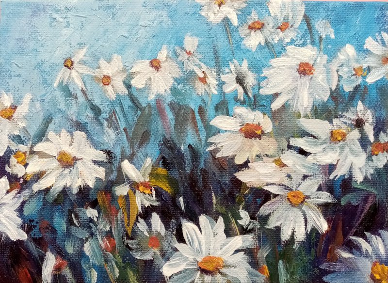 Daisies Painting Original Art Chamomile Small Oil Painting - 海报/装饰画/版画 - 其他材质 多色