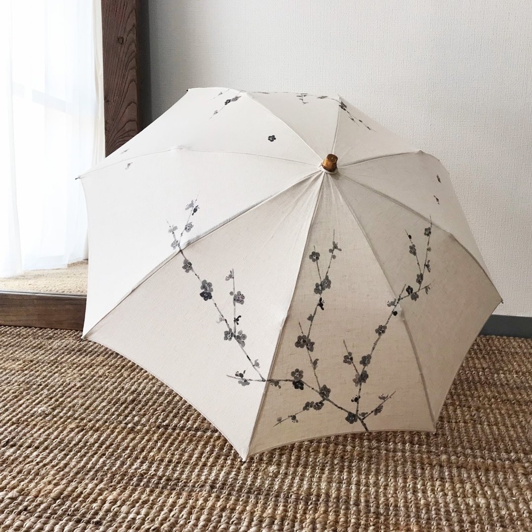 Parasol, sumi plum, hand-painted painting - 雨伞/雨衣 - 棉 白色