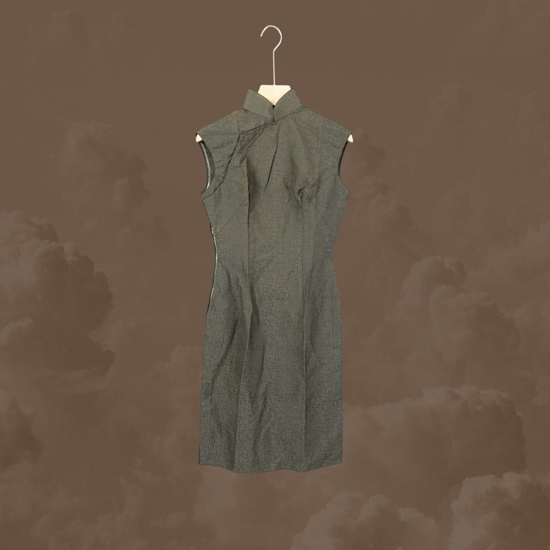 二手 墨绿色 几何方形条纹 古董订制 无袖 旗袍 CA1125 - 洋装/连衣裙 - 聚酯纤维 绿色