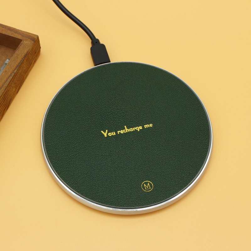 定制化礼物真皮革墨绿色马卡龙无线充电盘充电线 - 手机充电及周边 - 真皮 绿色
