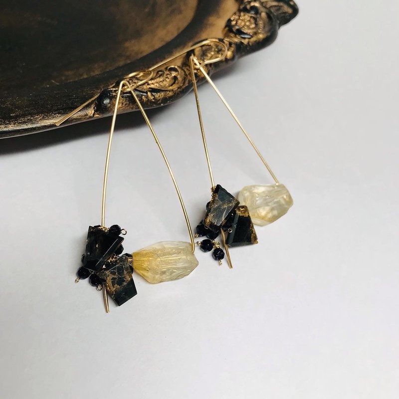 黄水晶与铜黑曜石秋千 - 耳环/耳夹 - 石头 黑色