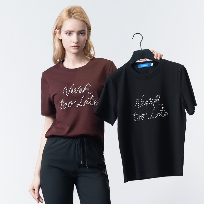 【ICare】珍珠字母正肩挺版T恤 - 2色(M-L) | 女休闲上衣 短袖T恤 - 女装 T 恤 - 棉．麻 咖啡色